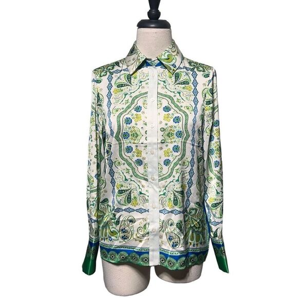 Rachel Zoe Silky Green Paisley Long Sleeve Button Up Blouse Size XS - Picture 1 of 4